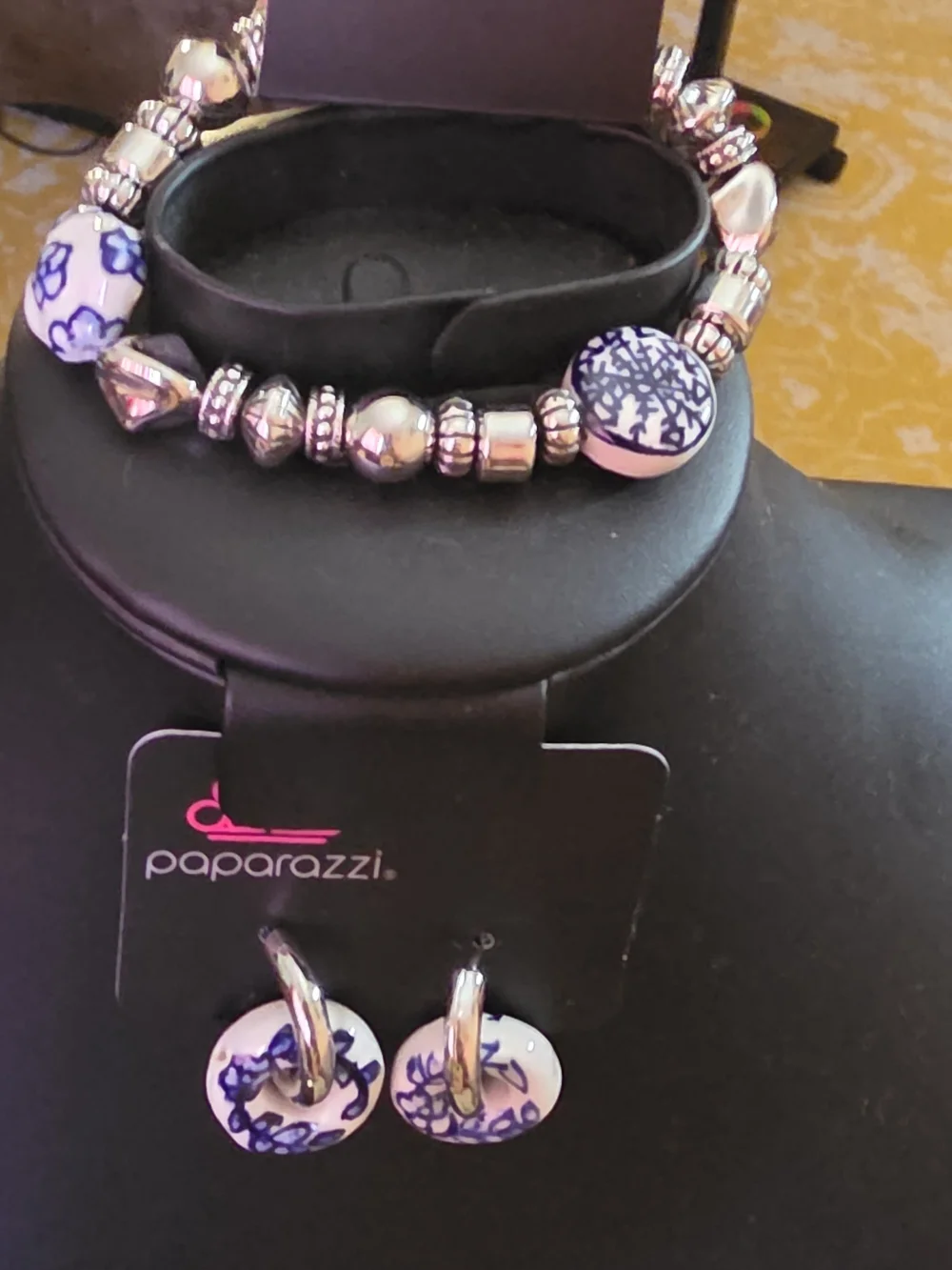 Paparazzi Blue and White Floral Bead Bracelet with Matching Earrings